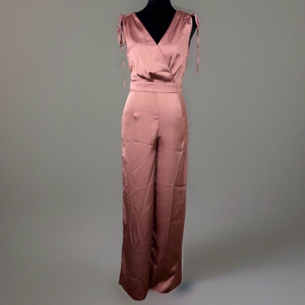 Skies Are Blue Satin Jumpsuit XS Mauve Pink Tie Shoulder Wide Leg NWT - Picture 1 of 15